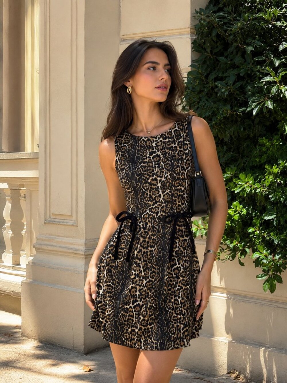 Arose Studio Celina Front Pleated With Bow Denim Mini Dress Leopard One Size